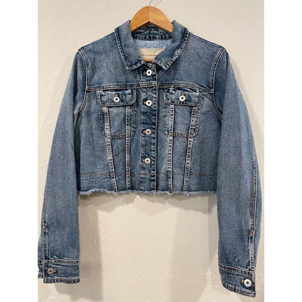 ~ Pilcro Lg Jean Jacket Cropped Denim Anthropologie Blue Raw Edge Stretch Large